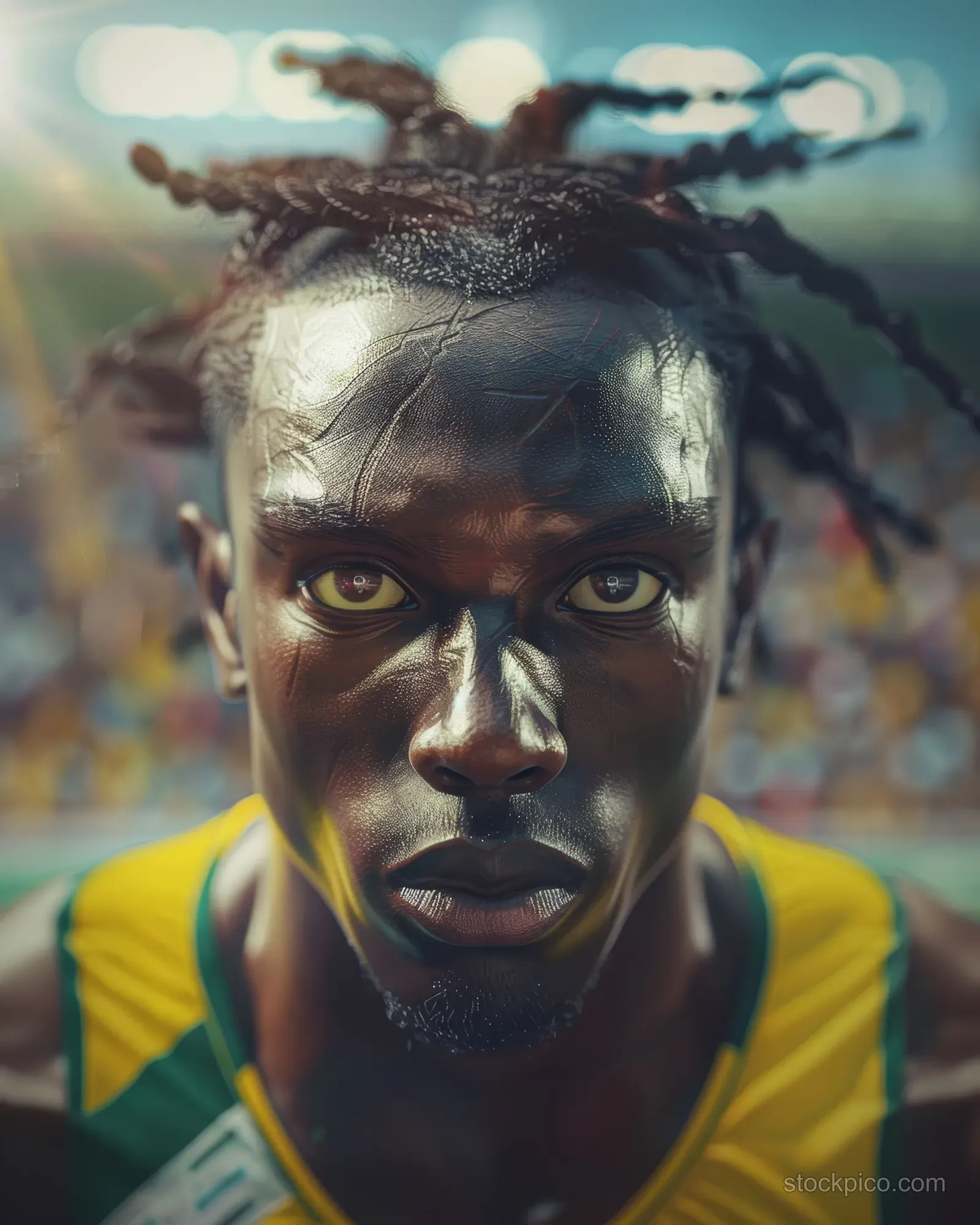 A Jamaican long jumper faces forward in a sprint-ready stance with a blurred stadium crowd in the background.