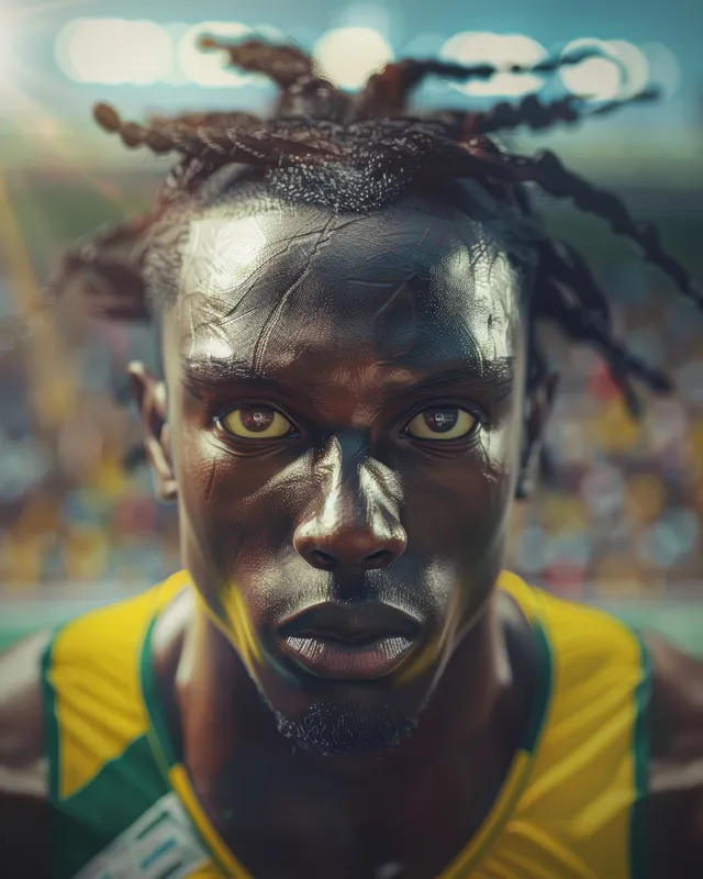 A Jamaican long jumper faces forward in a sprint-ready stance with a blurred stadium crowd in the background.