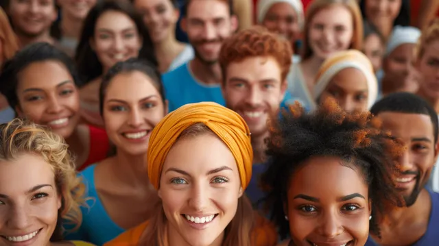A diverse group of smiling individuals of various ages and backgrounds gathers together in an outdoor setting.