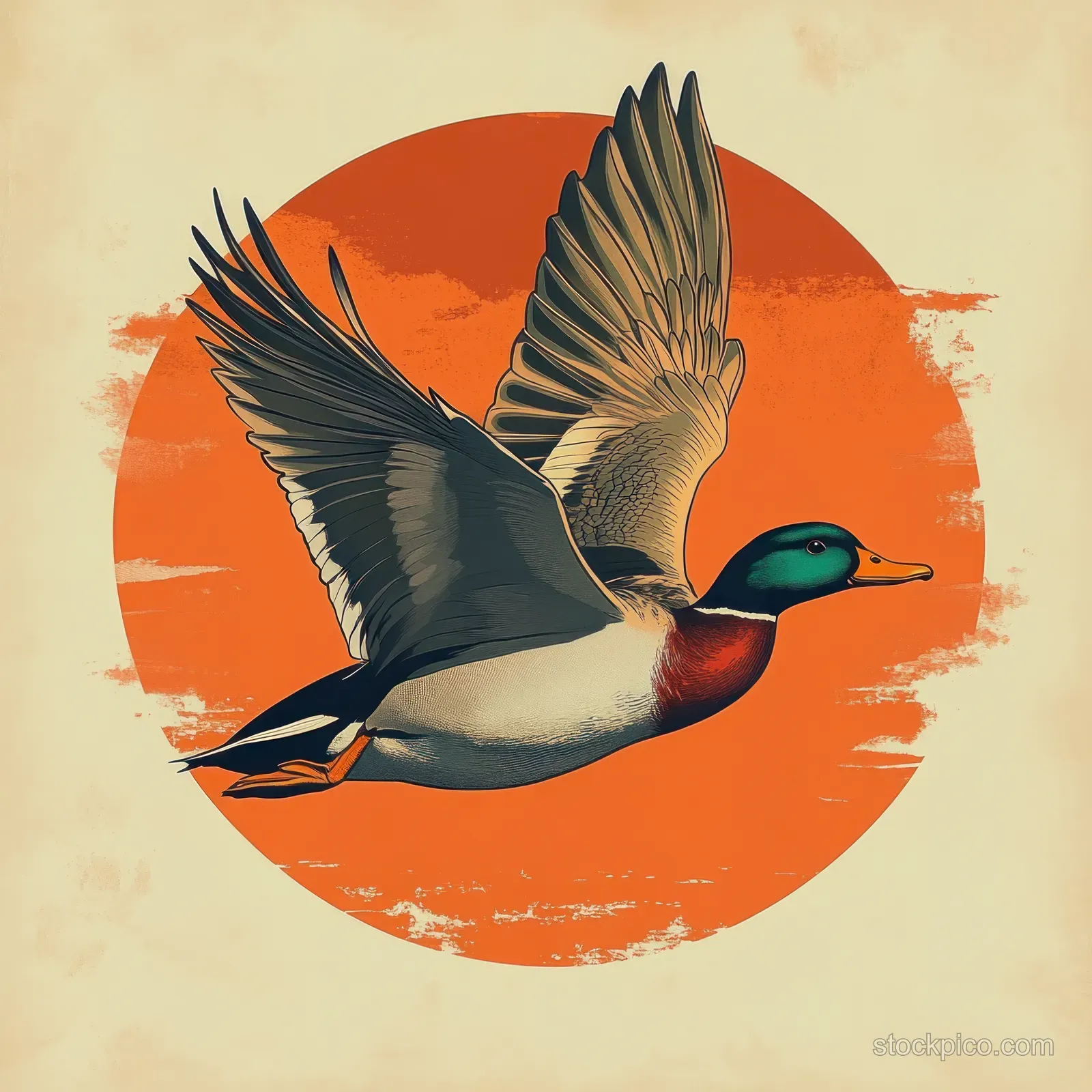 Male mallard duck flying with wings spread over a textured bright orange circle background.