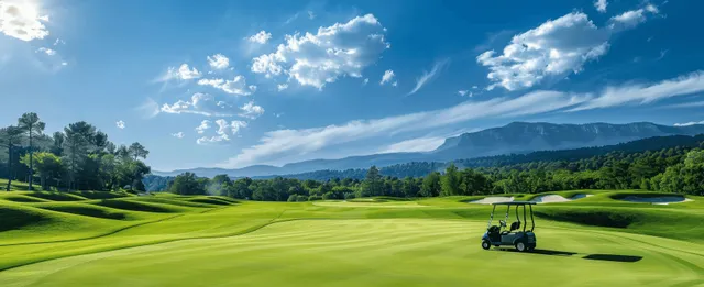 A golf cart travels along a green resort fairway with panoramic mountains beneath a bright blue sky.
