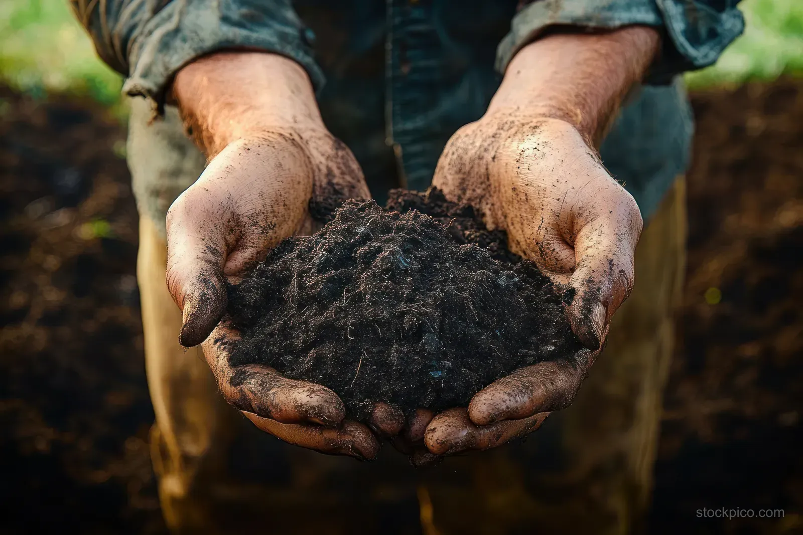Dirty hands hold dark fertile soil outdoors with a blurred garden background behind.