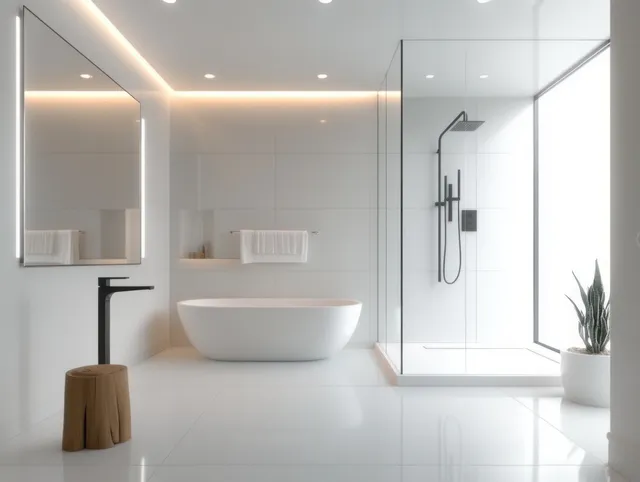 White minimalist bathroom showing a freestanding bathtub and a glass shower with soft ceiling lighting.
