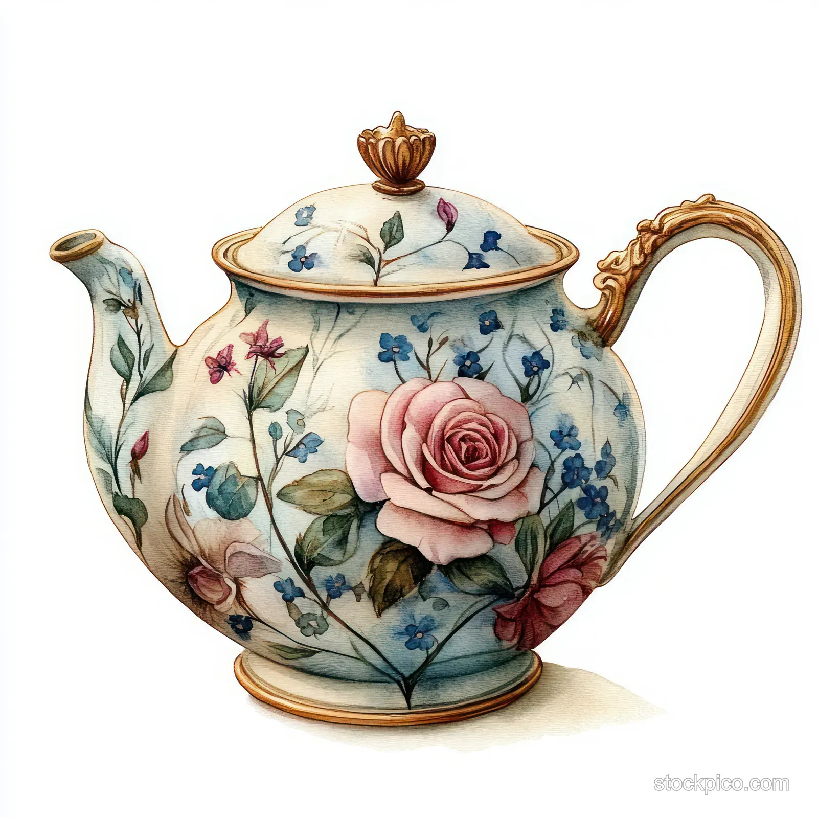 Ornate porcelain teapot with pink rose and blue floral design and gold handle on a white background.