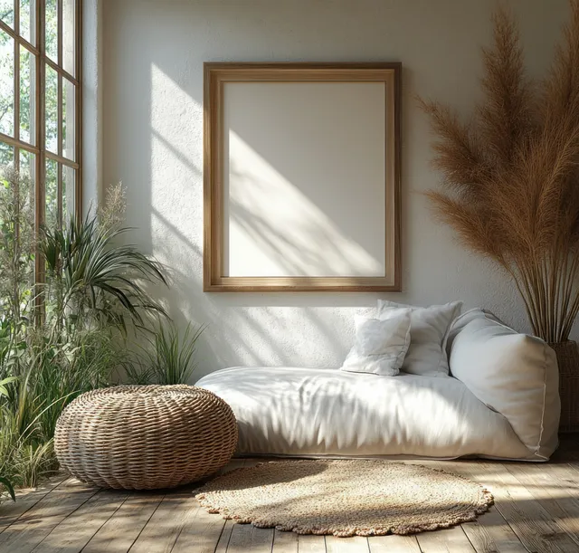 Tilting picture frame above a sofa with rattan ottoman in a Scandinavian interior under soft sunlight.
