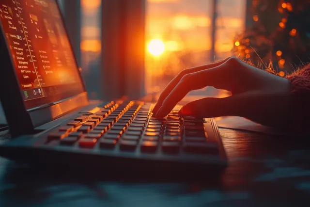 A hand presses a calculator beside a laptop on a desk under warm sunset lighting.