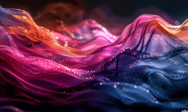 Colorful iridescent waves and neon wavy lines with glowing particles on a dark gradient background.
