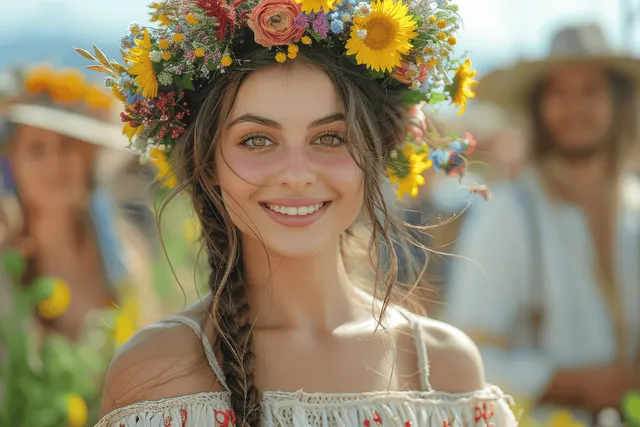Smiling young woman wearing floral wreath among festive crowd outdoors during Ukrainian celebration