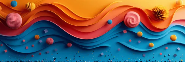 Abstract background with layered paper waves in orange, red, and blue and small floating shapes.