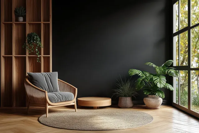 A modern TV room features a matte black accent wall, warm wooden shelves, and an elegant upholstered chair in soft natural light.
