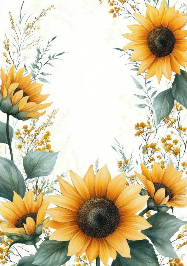 Watercolor sunflowers and green leaves form a decorative frame with a white blank space in the center.
