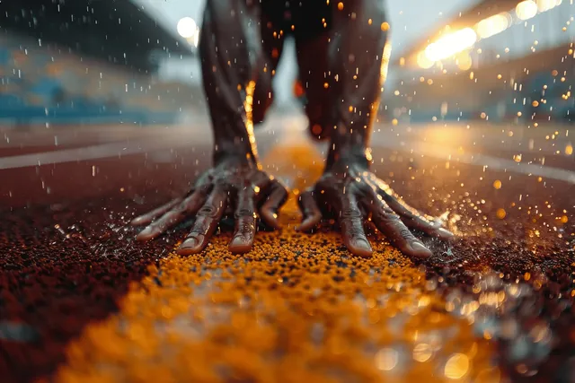 A sprinter’s hands brace on starting blocks at sunset on an outdoor track.
