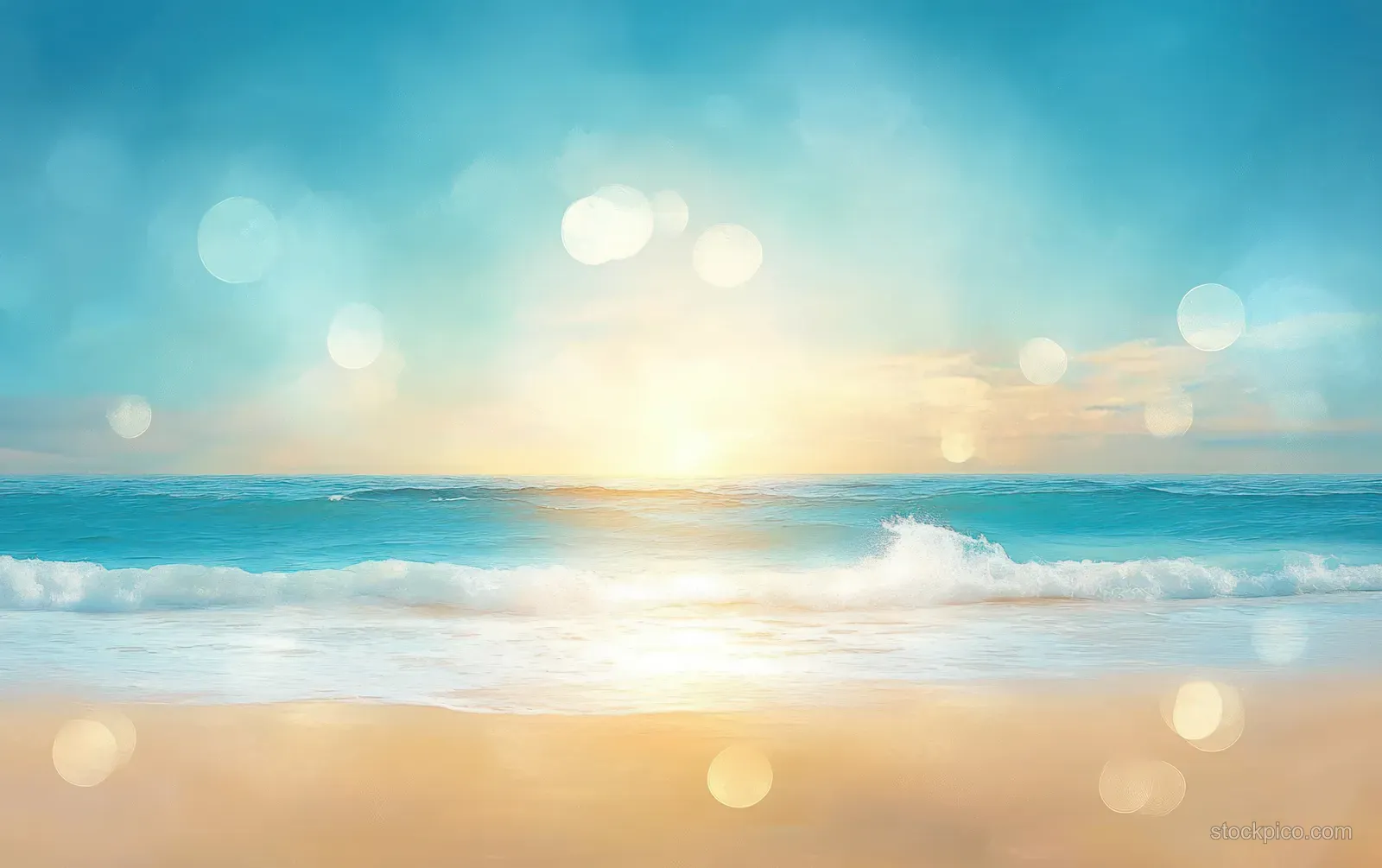 Sunrise over a tranquil beach with soft-focus ocean waves and golden bokeh light spots.