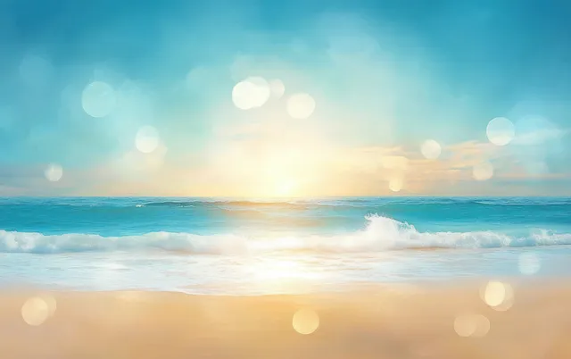 Dreamy sunlit beach waves with soft golden bokeh glow and hazy horizon