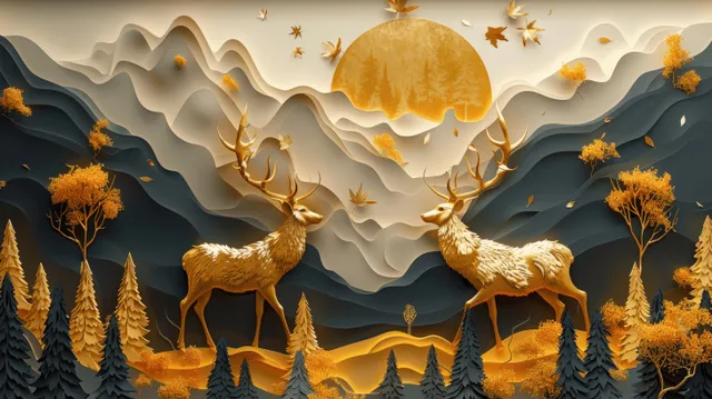 Golden deer run through a dark green forest mural with glowing moon, mountains, and small birds.