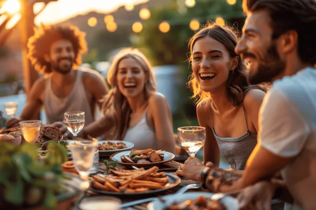 Friends smile while dining outdoors at a sunset table lit by warm string lights.
