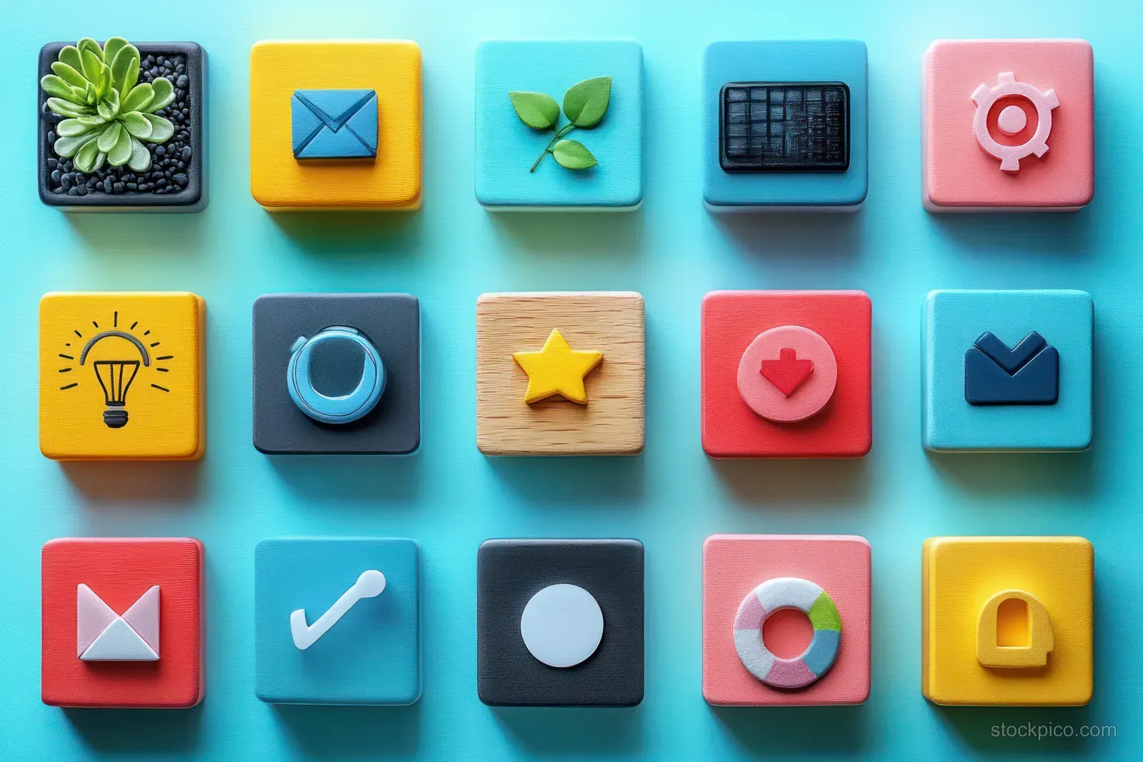 Colorful business icons such as email, light bulb, target, and checkmark are arranged on a turquoise background.
