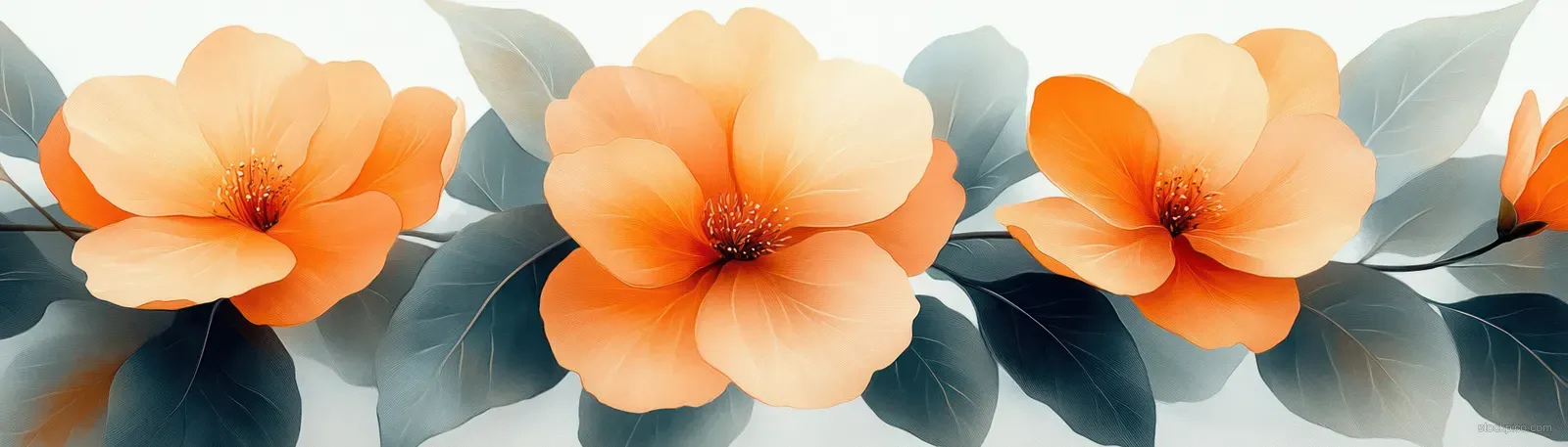 Orange blossoms with dark green leaves arranged in a horizontal border.