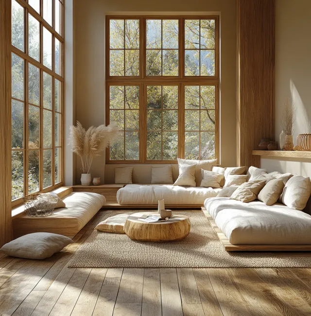 Sunlit Scandinavian living room with white cushions, beige rug, wooden window frames, and minimal decor.