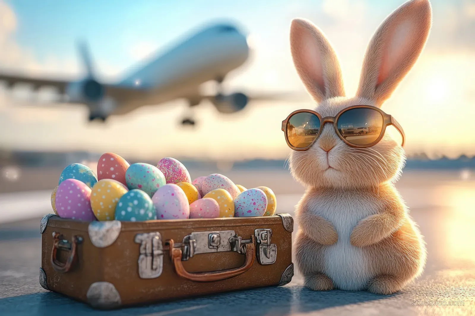 A fluffy bunny in sunglasses sits at an airport with an open suitcase full of colorful speckled eggs and a departing airplane behind.