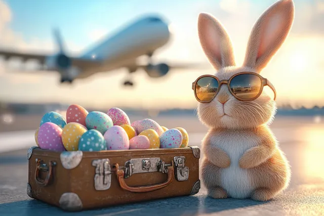 Fluffy bunny wearing sunglasses beside open suitcase of colorful speckled eggs at airport sunset