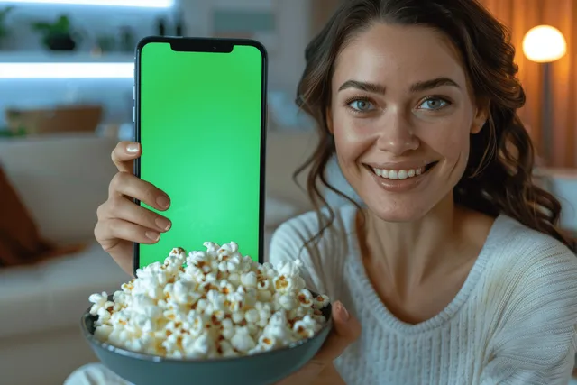 Smiling Woman Holding Green Screen Phone and Popcorn at Home
