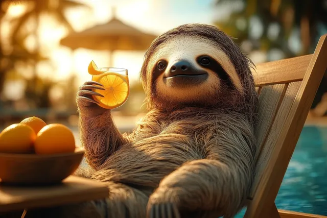 Sloth lounges on poolside deck chair with cocktail and fruit, golden sunset light
