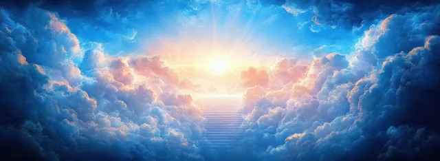 Light-filled stairway ascends through glowing clouds under a radiant sunlit sky horizon.