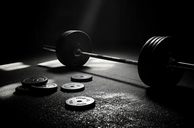 A metal barbell with scattered weight plates rests on a dark gym floor beneath dramatic light beams.