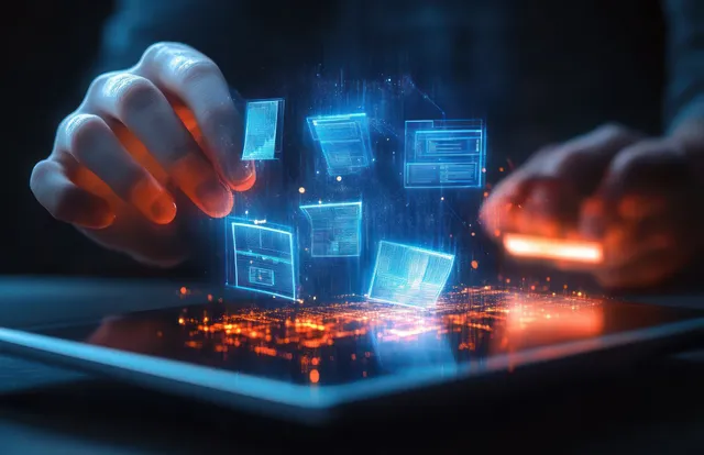 Hands tapping a glowing hologram from a tablet, floating data windows in darkness