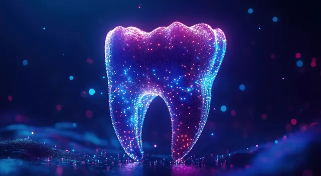A glowing 3D tooth floats in dark space with neon blue and purple light and scattered sparkling particles.