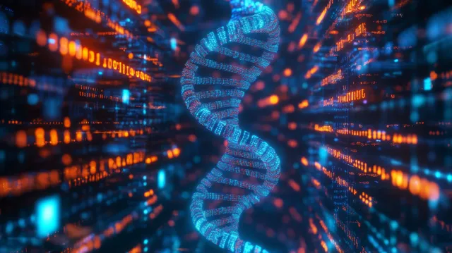 Blue DNA double helix overlays glowing genomic data streams in a lab-style visualization.