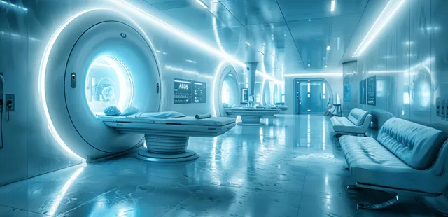 Futuristic hospital MRI suite with glowing brain scan hologram and floating patient data panels