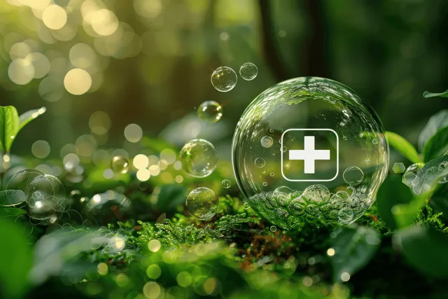 A glass sphere with a plus symbol rests on moss as bubbles float in a green forest blur.