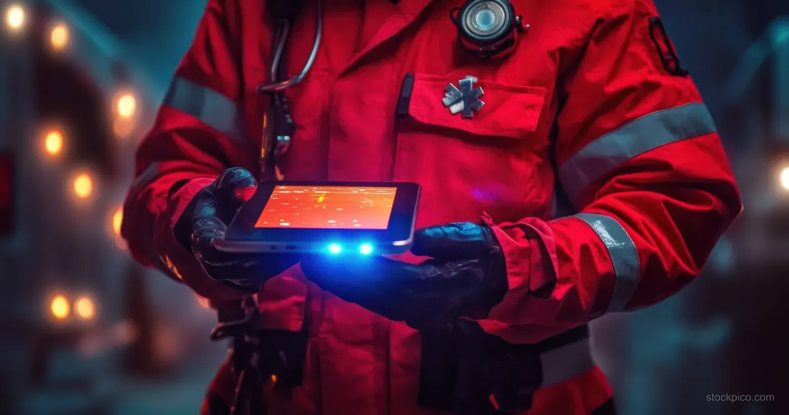 A responder in red uniform holds a glowing tablet-like device with blue warning lights in a dark night setting.