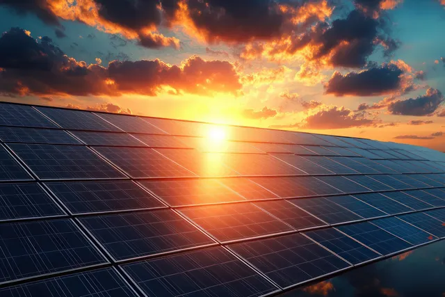 Solar panels reflect an orange and yellow sunset while clouds glow in the sky.