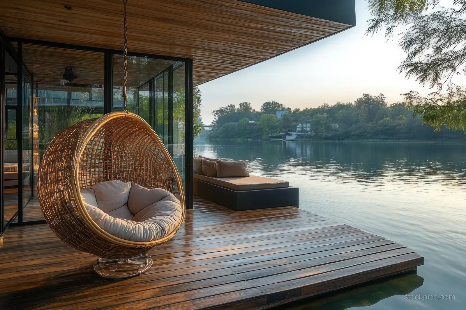 Hanging wicker chair and cushioned bench on a wooden deck overlooking a calm river at sunset.