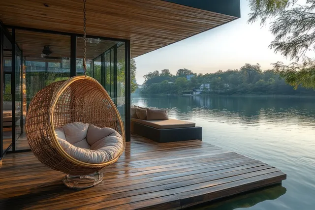 Hanging wicker chair and cushioned bench on a wooden deck overlooking a calm river at sunset.