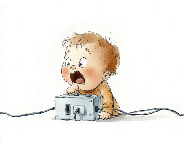Cartoon baby biting an exposed electric cord next to a wall outlet on the floor, showing an electrical hazard.