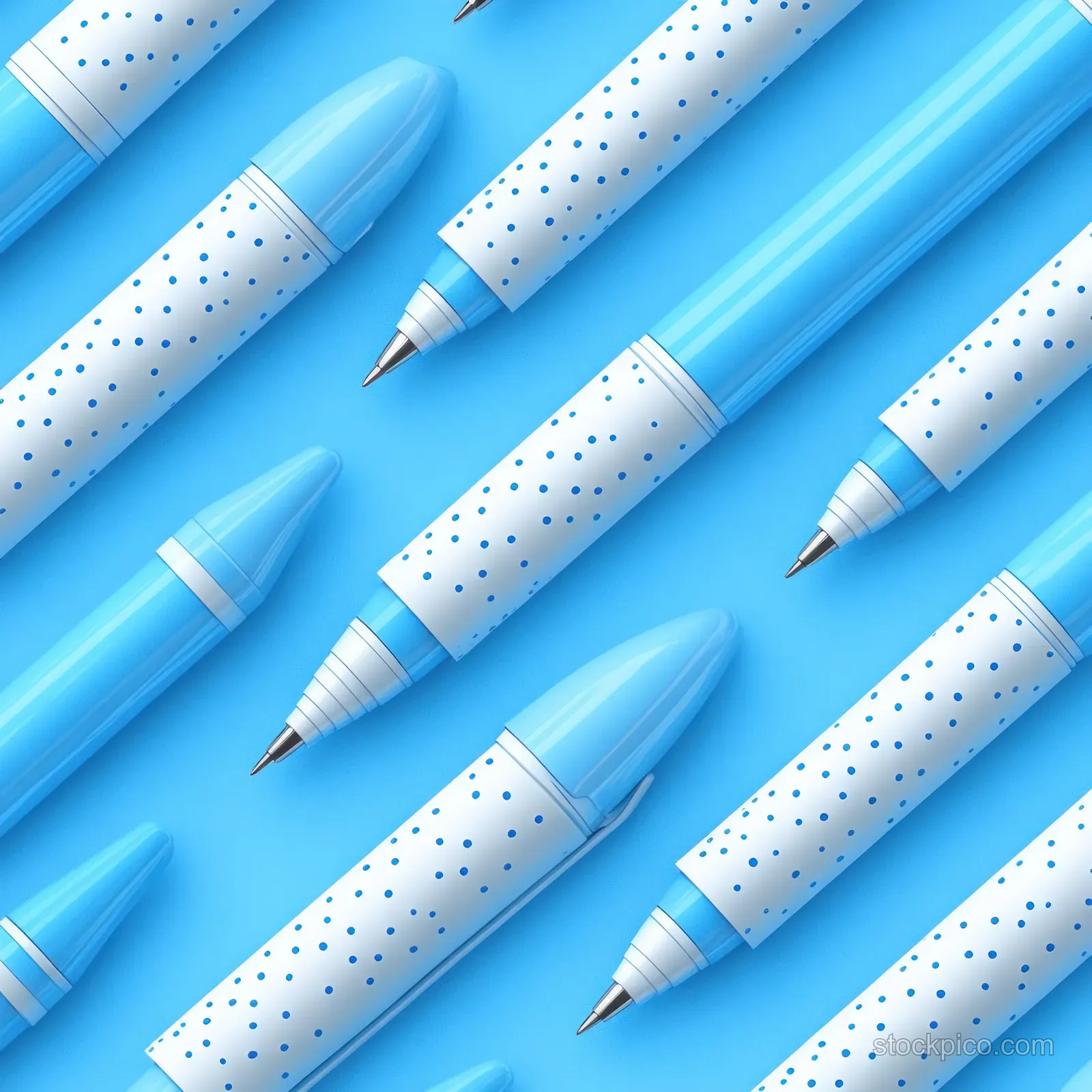 Seamless pattern of blue diabetes dosing pens with dotted grips on a solid blue background.