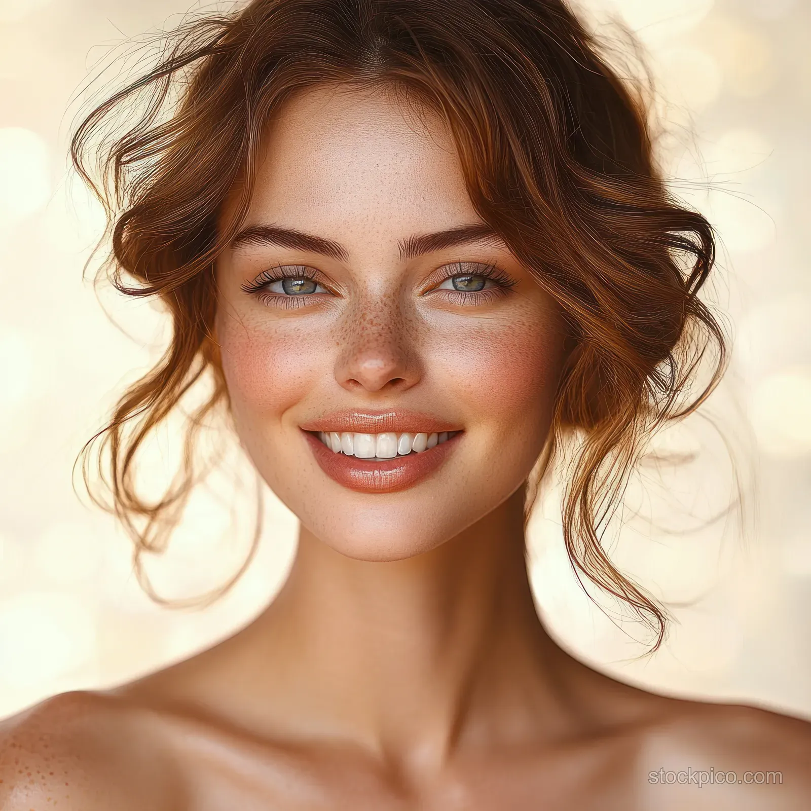 Close-up portrait of a young woman with freckles, green eyes, and auburn curls smiling against a golden bokeh background.