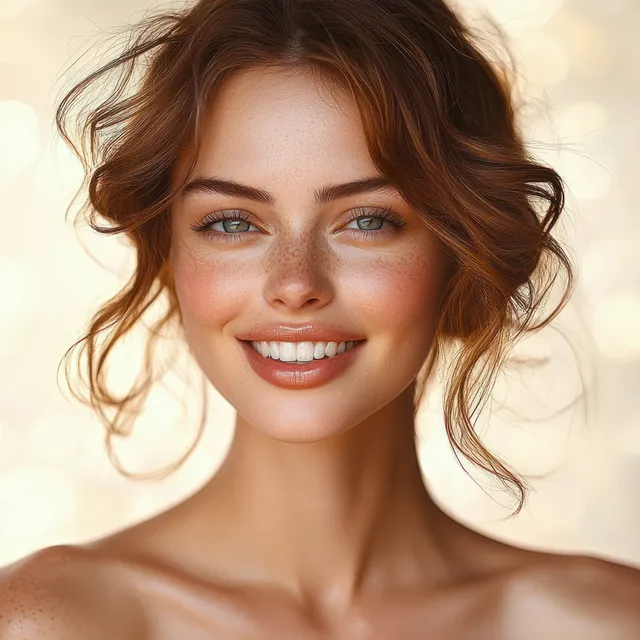 Close-up portrait of a young woman with freckles, green eyes, and auburn curls smiling against a golden bokeh background.