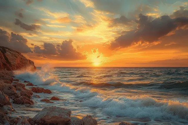 Sunset over rocky coastline as ocean waves crash and clouds glow with golden light