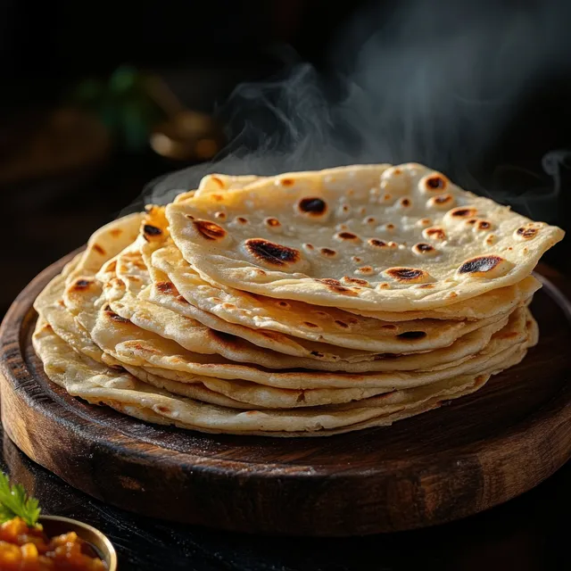 Hot flatbread stack on a wooden board with charred spots and visible steam rising.