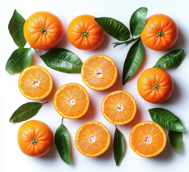 Whole and halved oranges with green leaves arranged on white background