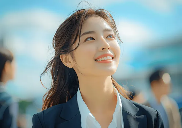 Young Asian businesswoman smiles outdoors in a crisp white shirt under a bright blue sky