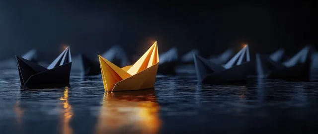 Golden origami paper boat leading black fleet across dark business water