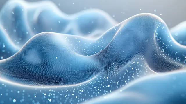 Luminous blue wave ridges with scattered molecular dots and a subtle geometric network glow.