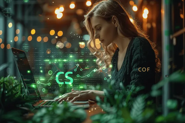 Woman Using Laptop with Green Data Interface for Climate Strategy