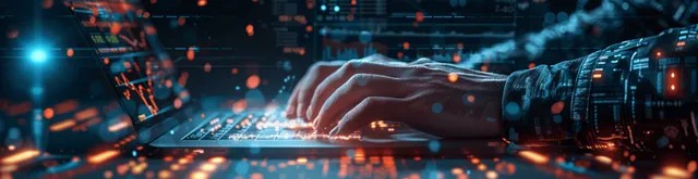 Hands typing on a futuristic keyboard with glowing data streams
